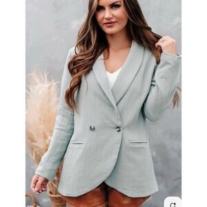 Ott 100% Cotton Gauze Blazer XL Baby Blue Double Breasted‎ Soft Artsy Minimalist